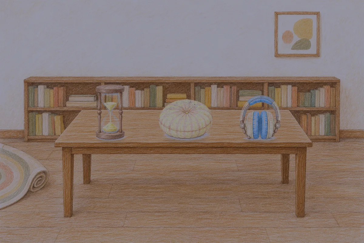 오산 여성전용 아로마 마사지 안내 그림, 밤의 서재 긴 책상 위에 놓인 모래시계, 둥근 쿠션, 헤드폰