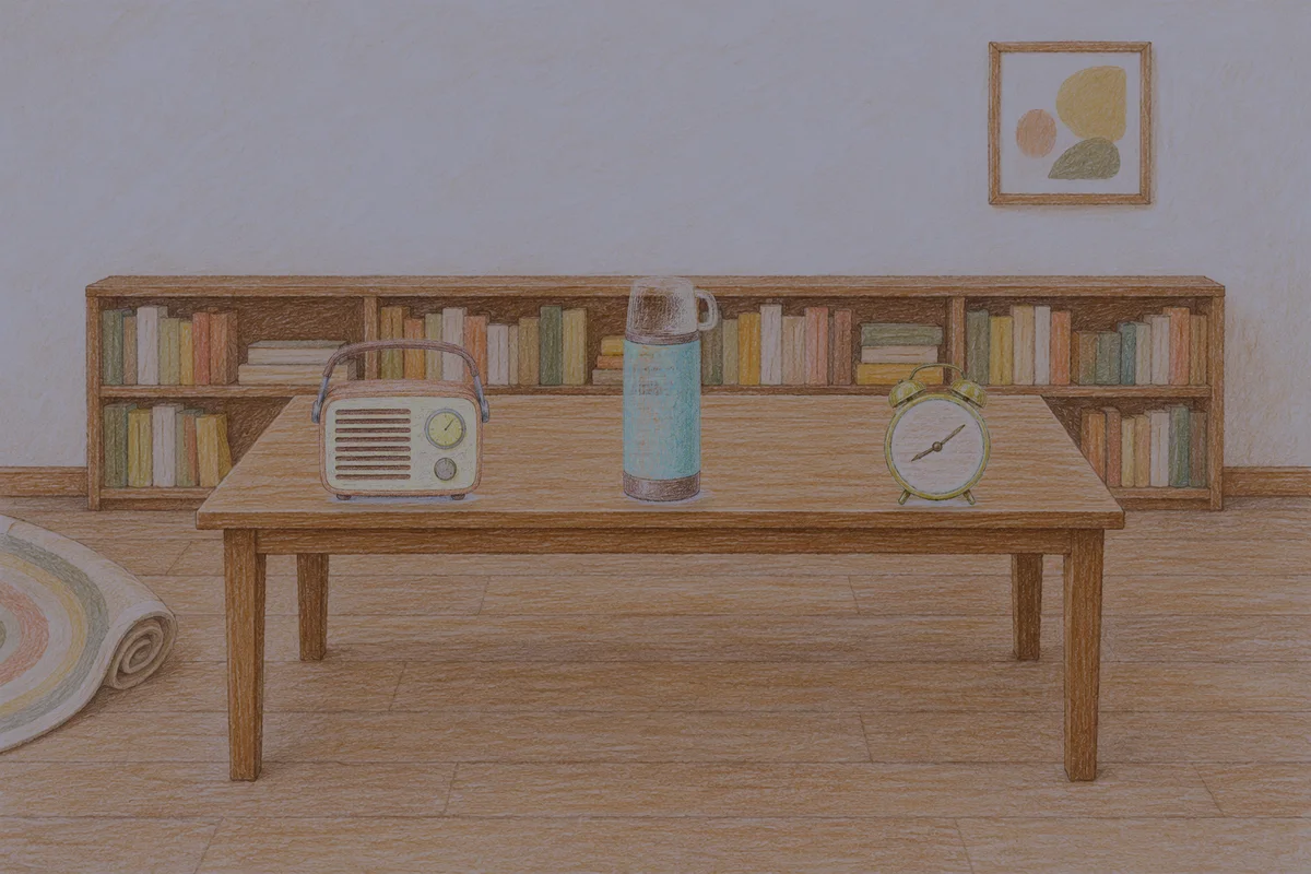 오산 여성전용 스웨디시 홈케어 안내 그림, 밤의 서재 긴 책상 위에 놓인 작은 라디오, 보온병, 둥근 알람시계