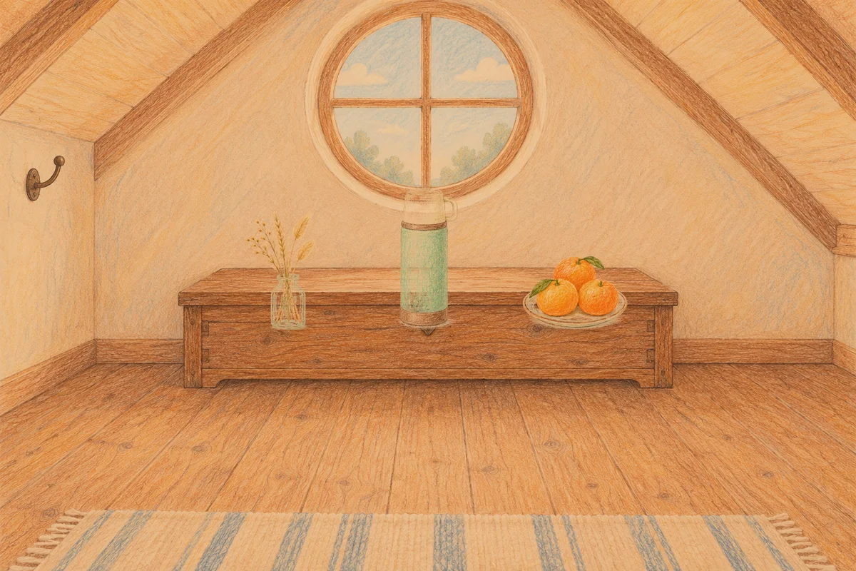 오산 여성전용 라벤더 아로마 안내 그림, 저녁의 다락방 나무 궤짝 위에 놓인 마른 풀을 꽂은 항아리, 보온병, 귤이 담긴 접시