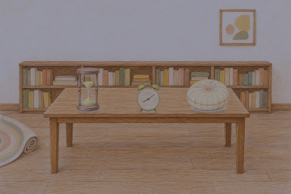 오산 여성전용 스웨디시 후기 안내 그림, 밤의 서재 긴 책상 위에 놓인 모래시계, 둥근 알람시계, 둥근 쿠션