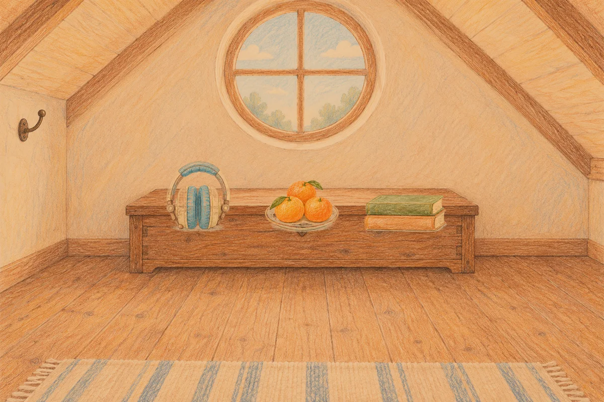 오산 여성전용 아로마 마사지 후기 안내 그림, 저녁의 다락방 나무 궤짝 위에 놓인 헤드폰, 귤이 담긴 접시, 책 두 권