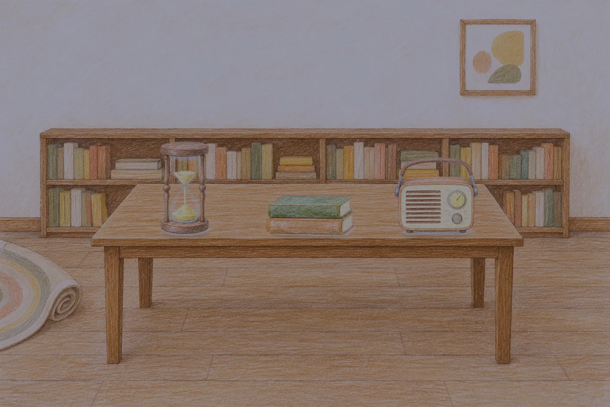 오산 여성전용 스웨디시 추천 안내 그림, 밤의 서재 긴 책상 위에 놓인 모래시계, 책 두 권, 작은 라디오