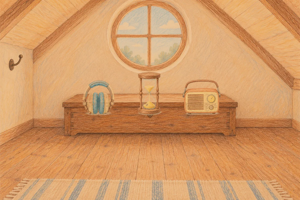오산 여성전용 경락마사지 안내 그림, 저녁의 다락방 나무 궤짝 위에 놓인 헤드폰, 모래시계, 작은 라디오