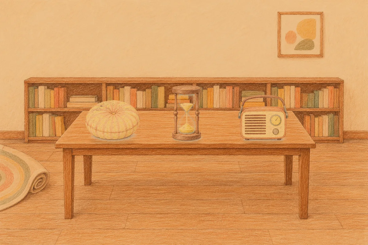 오산 여성전용 경락 마사지 안내 그림, 저녁의 서재 긴 책상 위에 놓인 둥근 쿠션, 모래시계, 작은 라디오