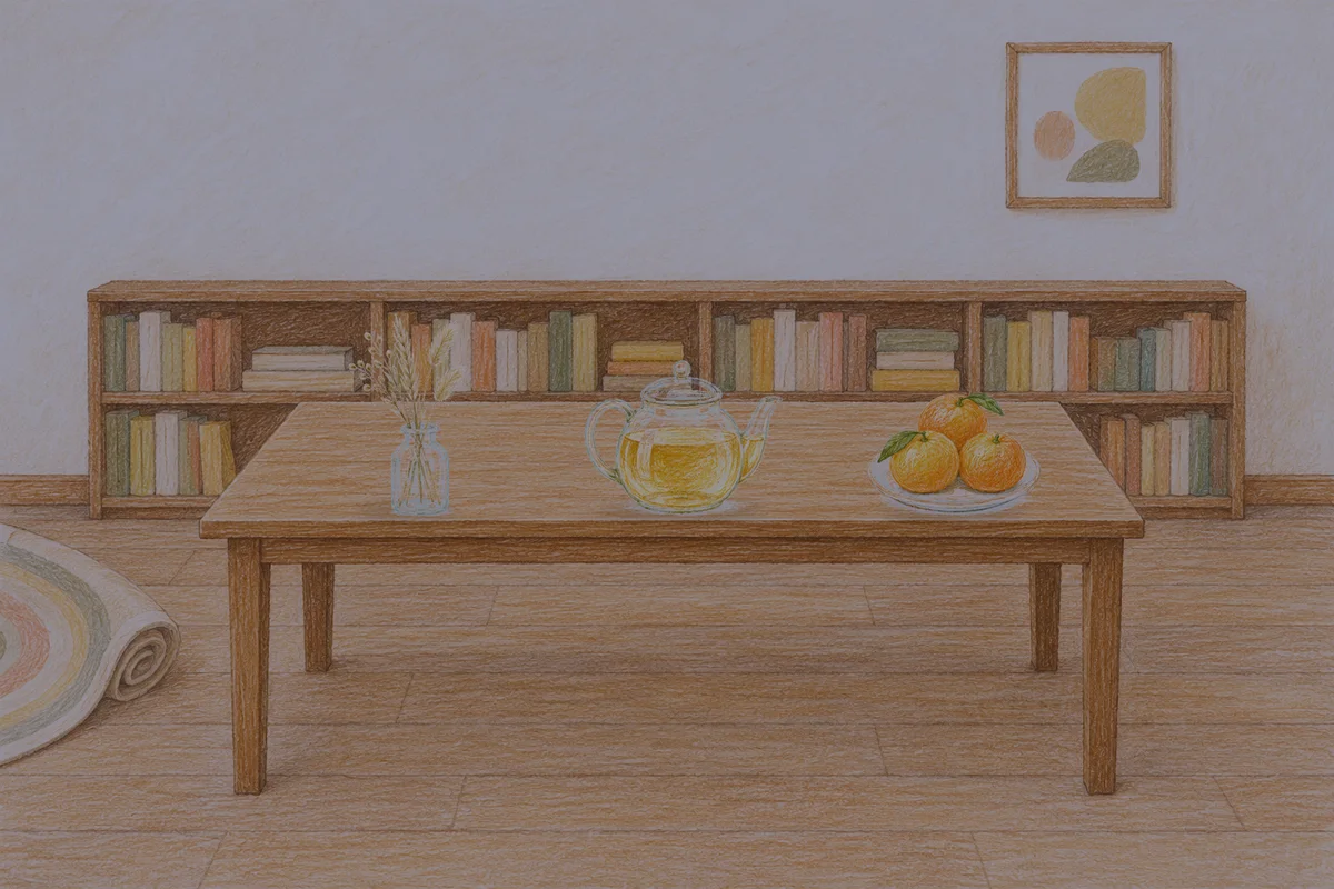 오산 여성전용 경락마사지 후기 안내 그림, 밤의 서재 긴 책상 위에 놓인 마른 풀을 꽂은 항아리, 유리 티포트, 귤이 담긴 접시