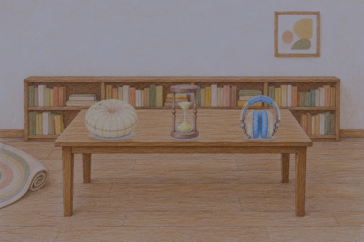 오산 여성전용 홈케어 안내 그림, 밤의 서재 긴 책상 위에 놓인 둥근 쿠션, 모래시계, 헤드폰