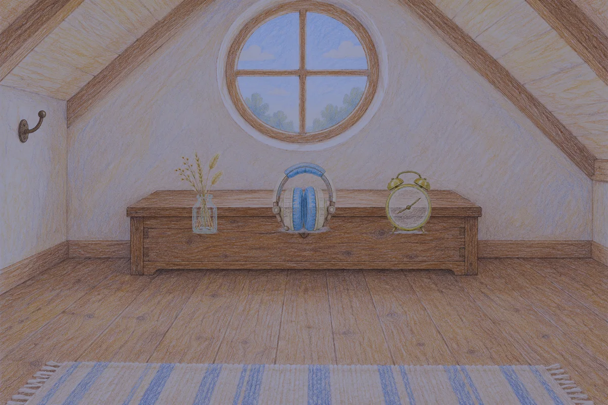 오산 여성전용 방문 홈케어 안내 그림, 밤의 다락방 나무 궤짝 위에 놓인 마른 풀을 꽂은 항아리, 헤드폰, 둥근 알람시계