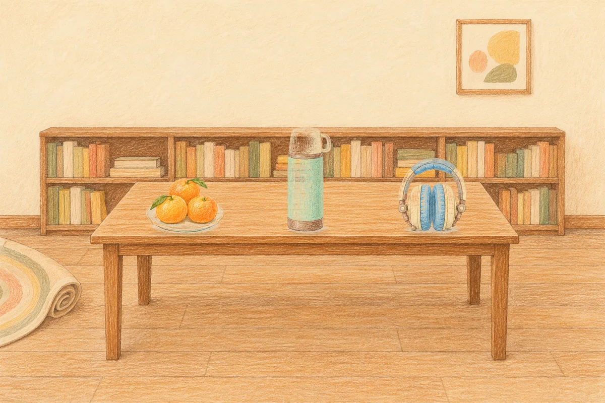 오산 여성전용 홈케어 후기 안내 그림, 낮의 서재 긴 책상 위에 놓인 귤이 담긴 접시, 보온병, 헤드폰
