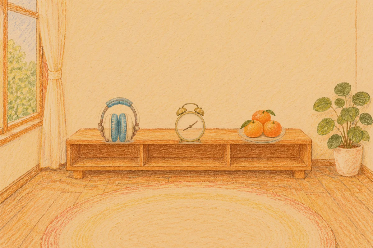 오산 여성전용 홈케어 추천 안내 그림, 저녁의 창가 낮은 선반 위에 놓인 헤드폰, 둥근 알람시계, 귤이 담긴 접시