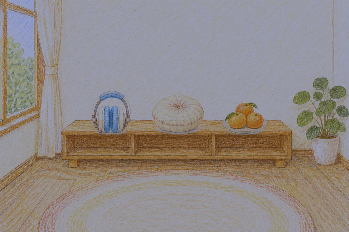 오산 여성전용 발관리 추천 안내 그림, 밤의 창가 낮은 선반 위에 놓인 헤드폰, 둥근 쿠션, 귤이 담긴 접시