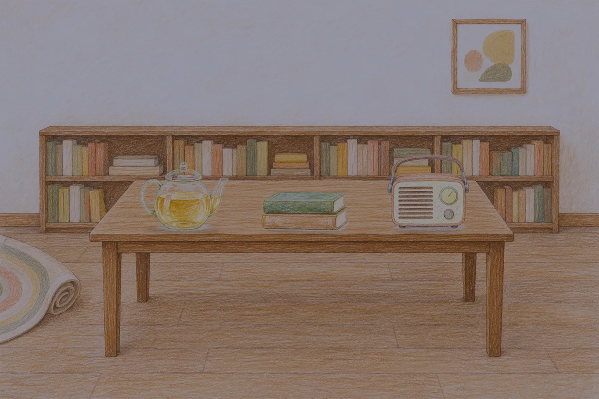 오산 여성전용 부종 케어 안내 그림, 밤의 서재 긴 책상 위에 놓인 유리 티포트, 책 두 권, 작은 라디오