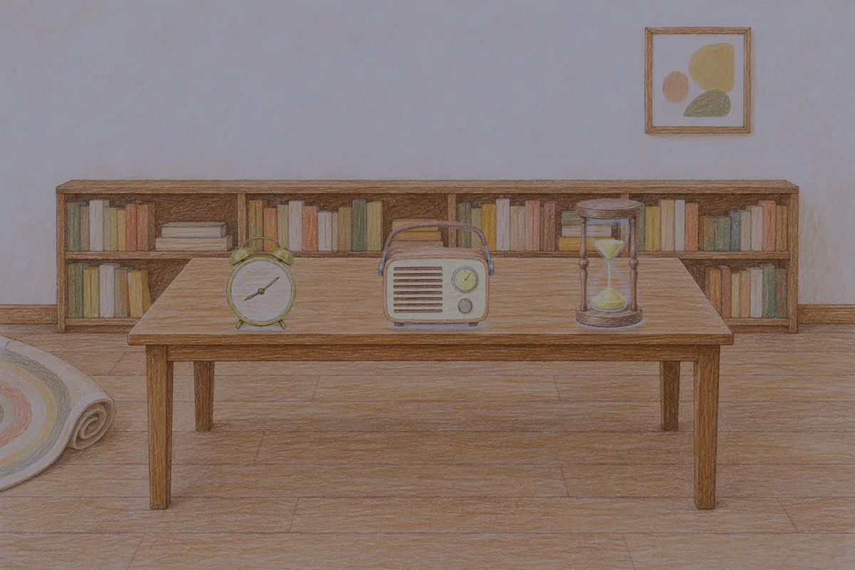 오산 여성전용 셀룰라이트 관리 안내 그림, 밤의 서재 긴 책상 위에 놓인 둥근 알람시계, 작은 라디오, 모래시계