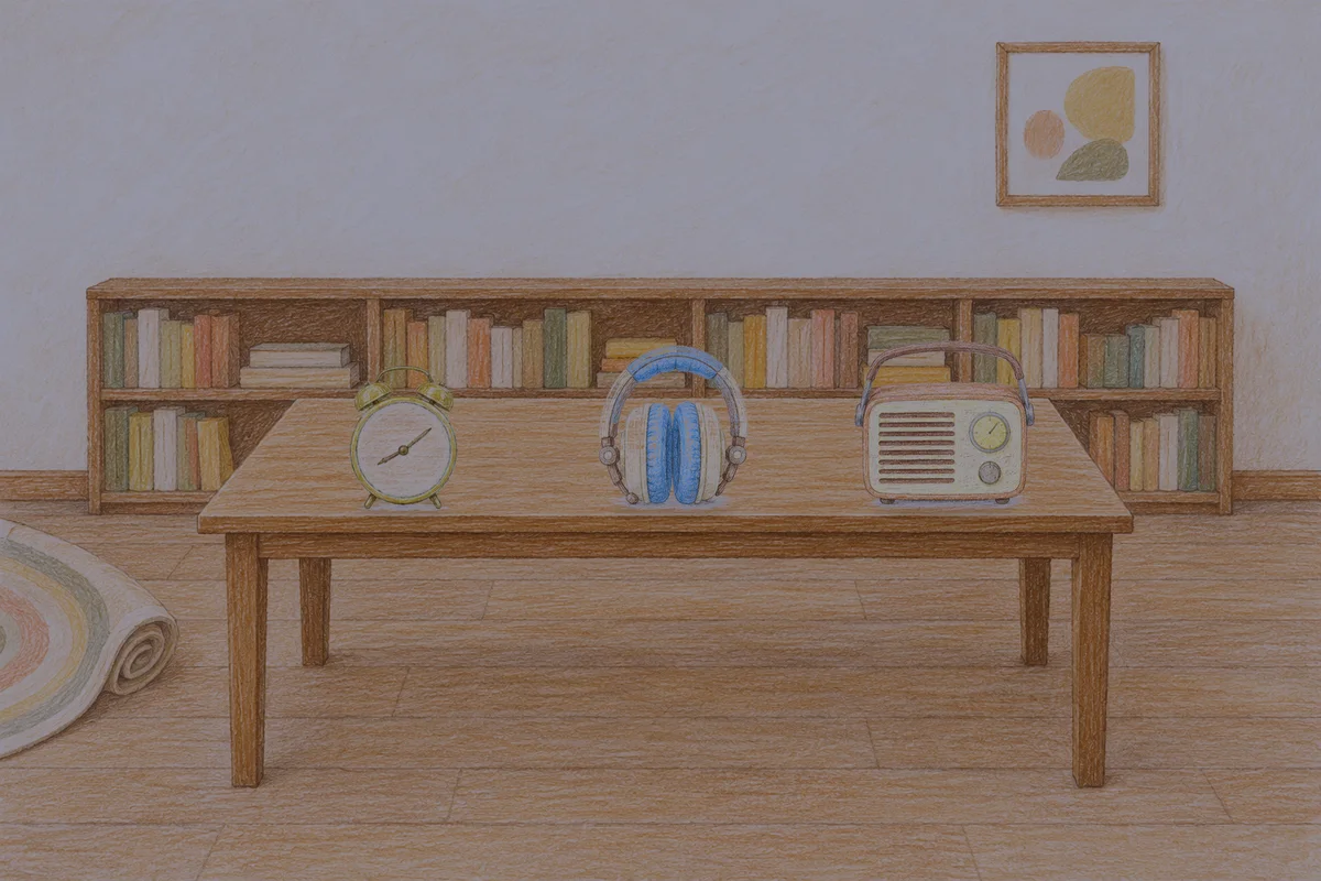 오산 여성전용 슬리밍 마사지 안내 그림, 밤의 서재 긴 책상 위에 놓인 둥근 알람시계, 헤드폰, 작은 라디오