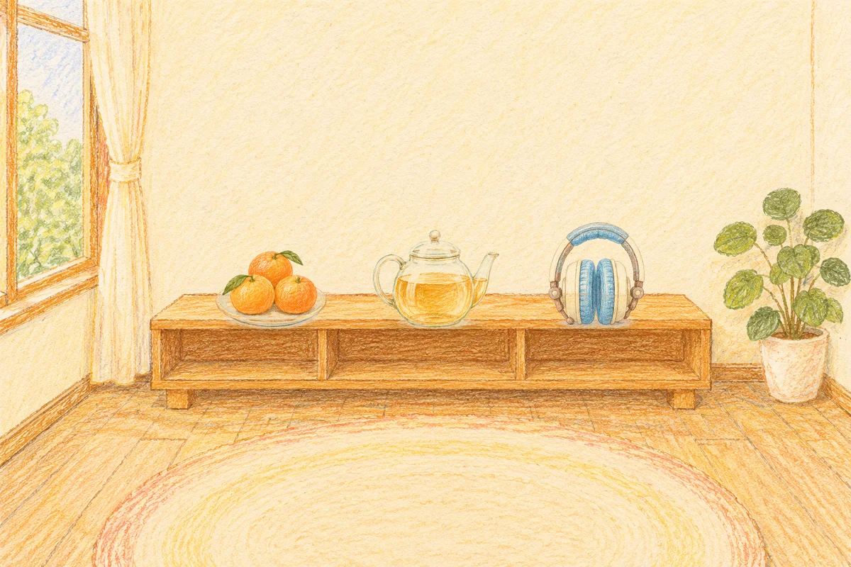 오산 여성전용 디톡스 마사지 안내 그림, 낮의 창가 낮은 선반 위에 놓인 귤이 담긴 접시, 유리 티포트, 헤드폰