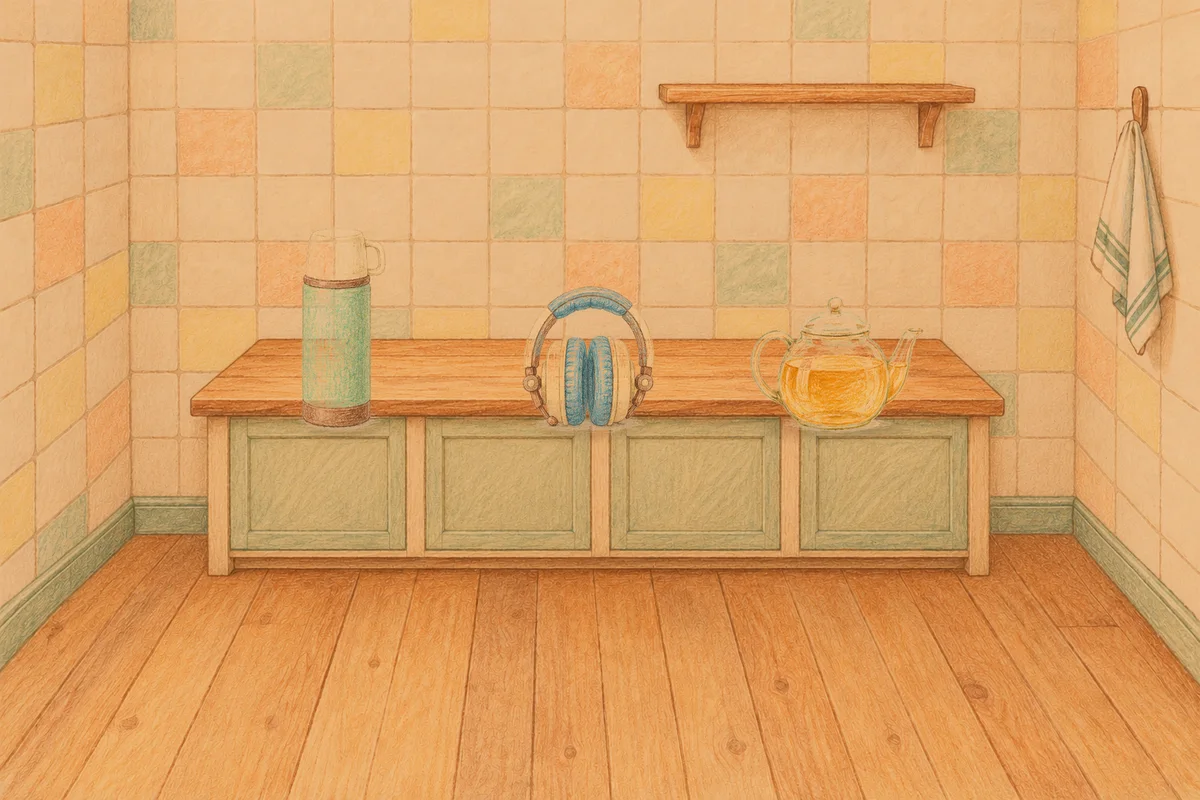 오산 여성전용 다이어트 마사지 안내 그림, 저녁의 부엌 나무 조리대 위에 놓인 보온병, 헤드폰, 유리 티포트