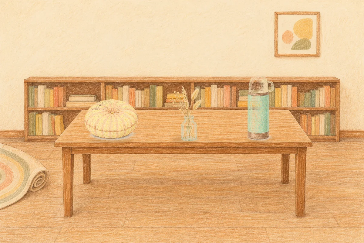오산 여성전용 등 마사지 안내 그림, 낮의 서재 긴 책상 위에 놓인 둥근 쿠션, 마른 풀을 꽂은 항아리, 보온병
