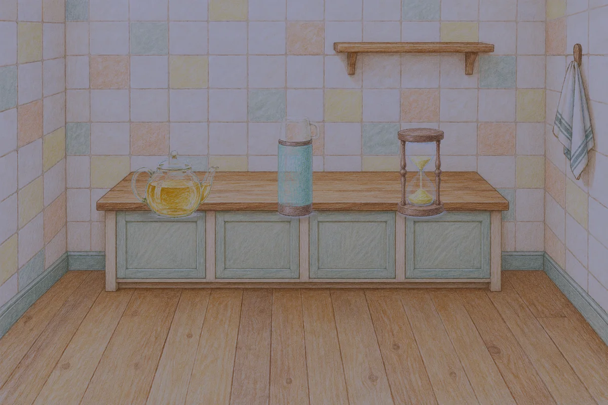 오산 여성전용 어깨 마사지 안내 그림, 밤의 부엌 나무 조리대 위에 놓인 유리 티포트, 보온병, 모래시계