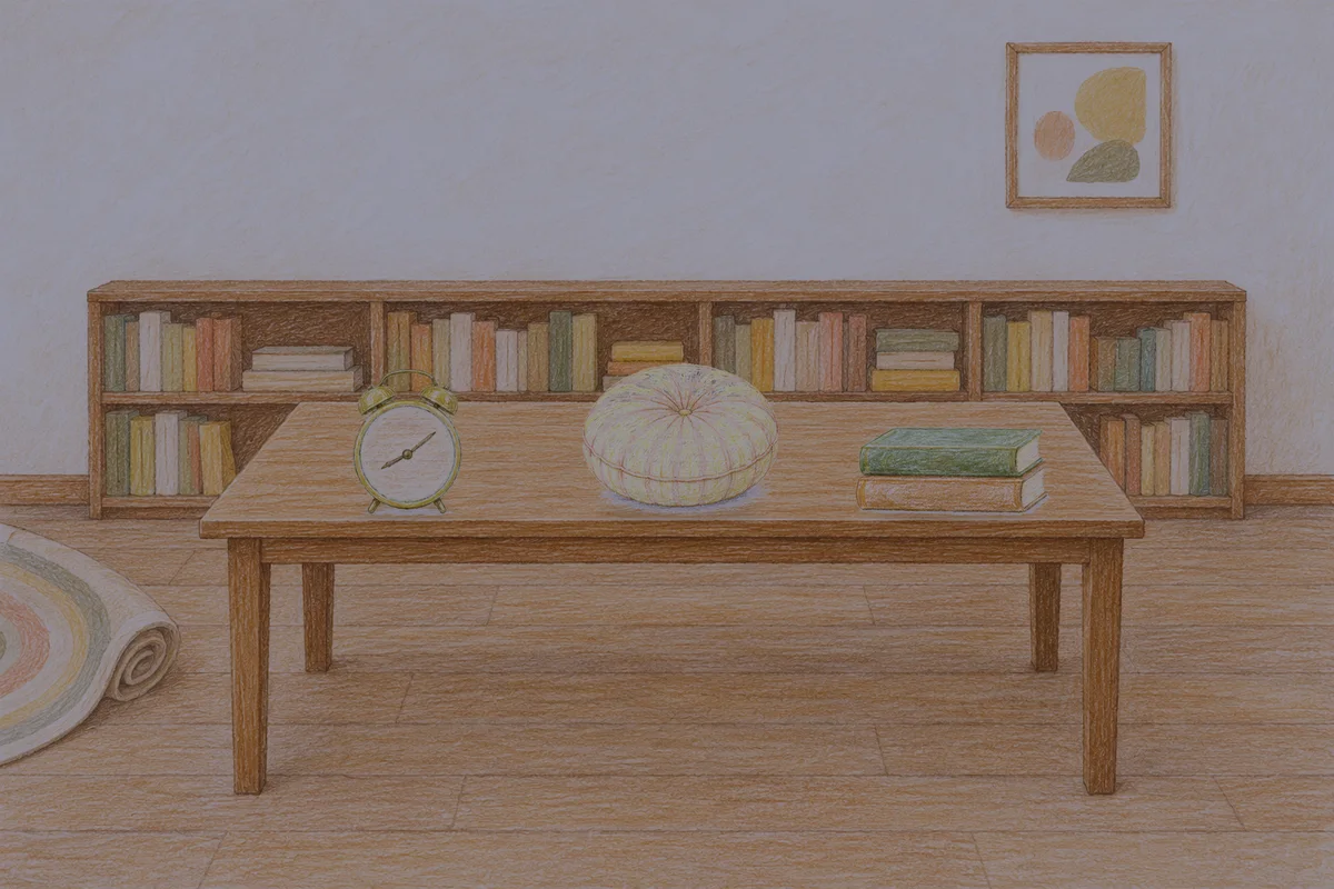 오산 여성전용 두통 완화 마사지 안내 그림, 밤의 서재 긴 책상 위에 놓인 둥근 알람시계, 둥근 쿠션, 책 두 권