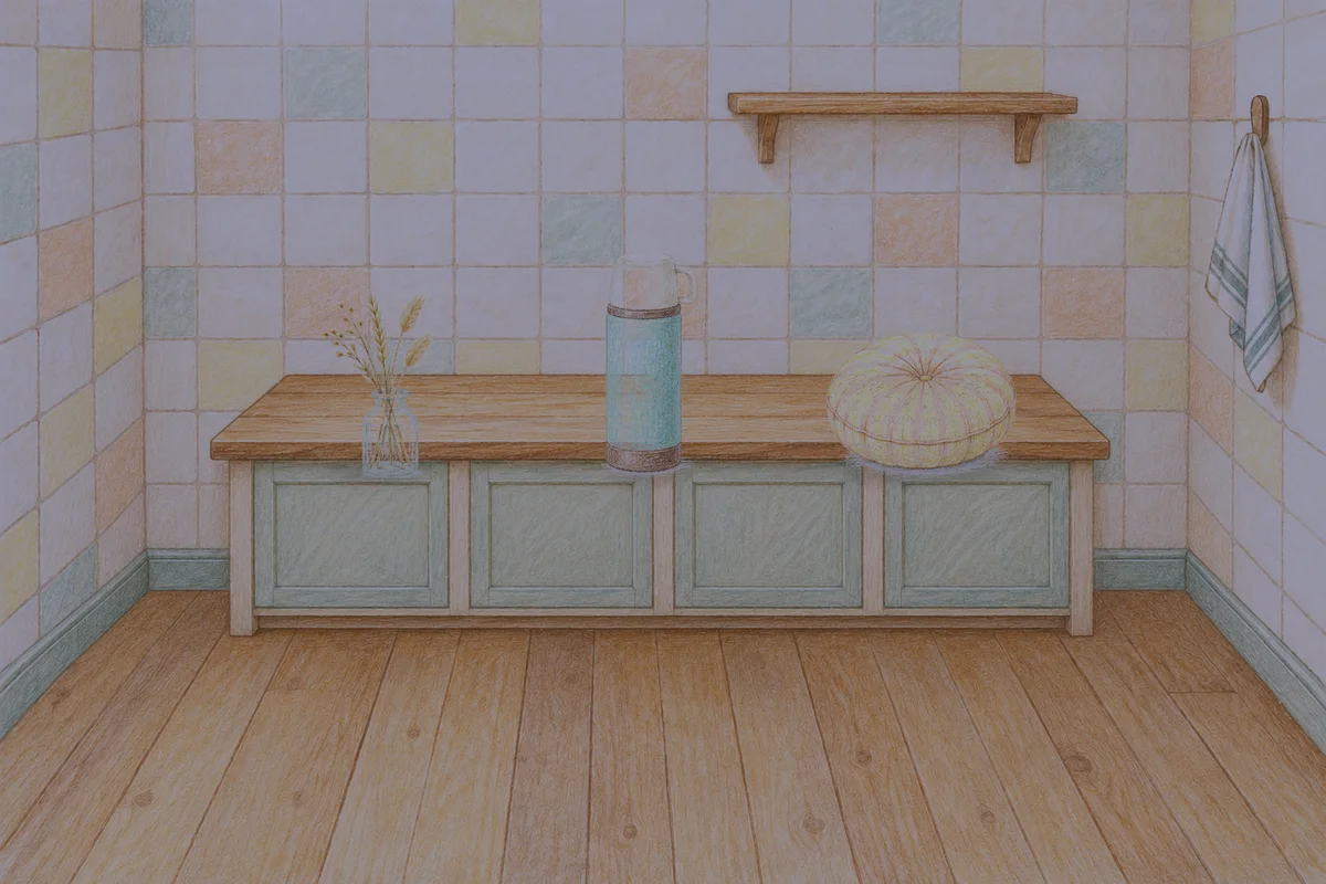 오산 여성전용 피로 회복 마사지 안내 그림, 밤의 부엌 나무 조리대 위에 놓인 마른 풀을 꽂은 항아리, 보온병, 둥근 쿠션