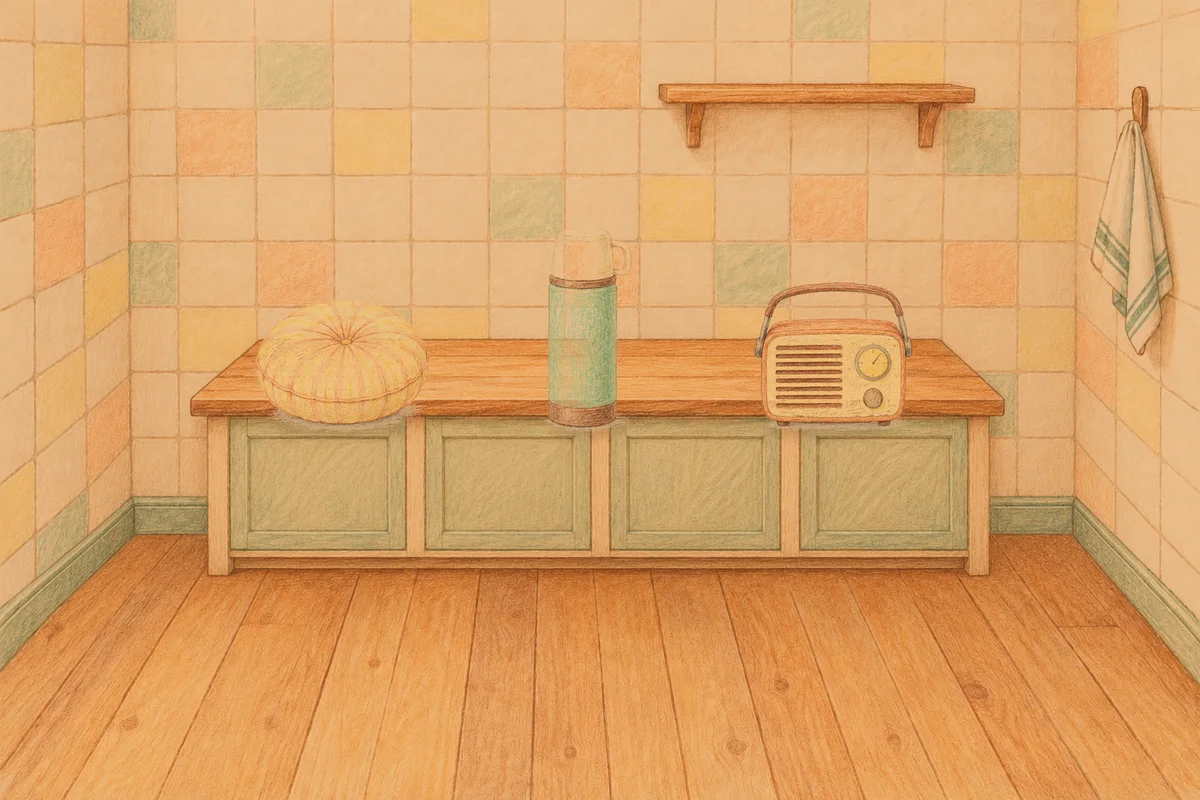 오산 여성전용 얼굴 마사지 안내 그림, 저녁의 부엌 나무 조리대 위에 놓인 둥근 쿠션, 보온병, 작은 라디오