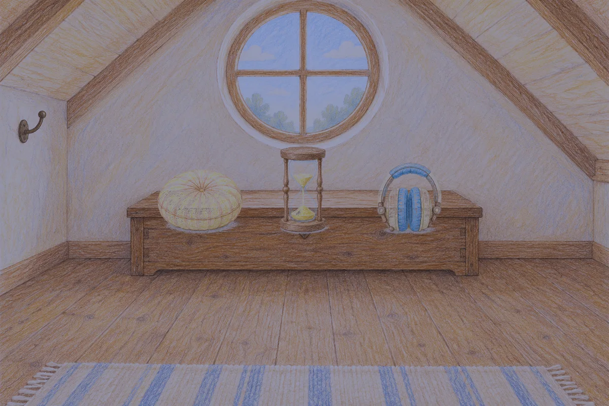 오산 여성전용 림프 페이셜 안내 그림, 밤의 다락방 나무 궤짝 위에 놓인 둥근 쿠션, 모래시계, 헤드폰
