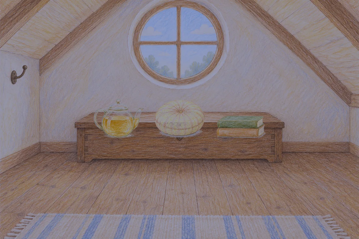 오산 여성전용 안티에이징 케어 안내 그림, 밤의 다락방 나무 궤짝 위에 놓인 유리 티포트, 둥근 쿠션, 책 두 권