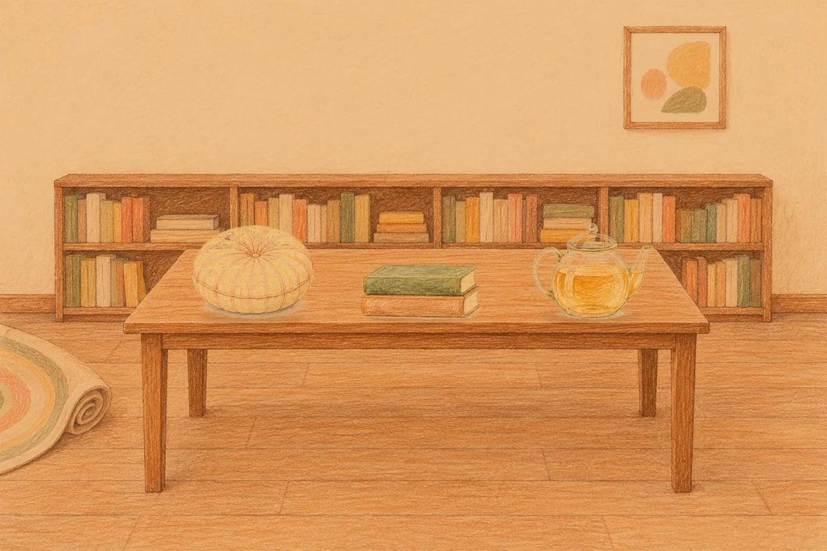 오산 여성전용 피부 관리 안내 그림, 저녁의 서재 긴 책상 위에 놓인 둥근 쿠션, 책 두 권, 유리 티포트