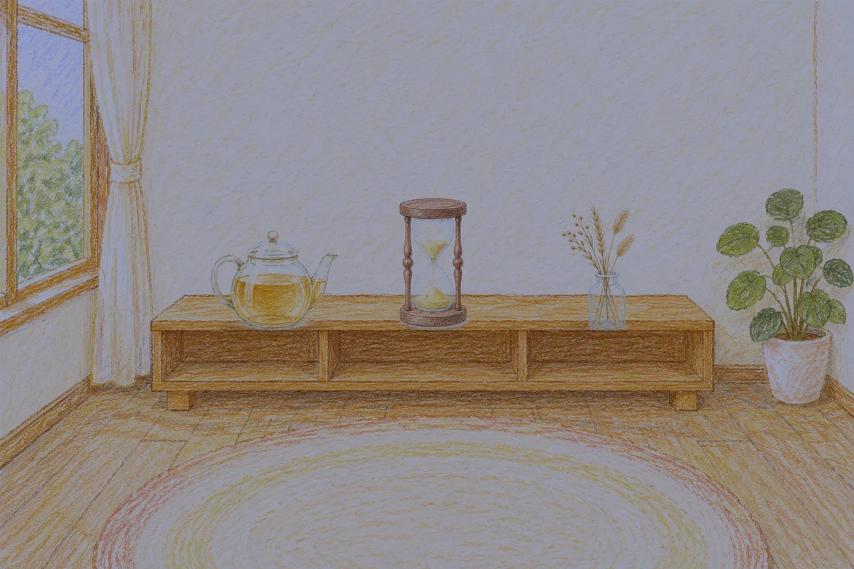 오산 여성전용 샵 마사지 안내 그림, 밤의 창가 낮은 선반 위에 놓인 유리 티포트, 모래시계, 마른 풀을 꽂은 항아리
