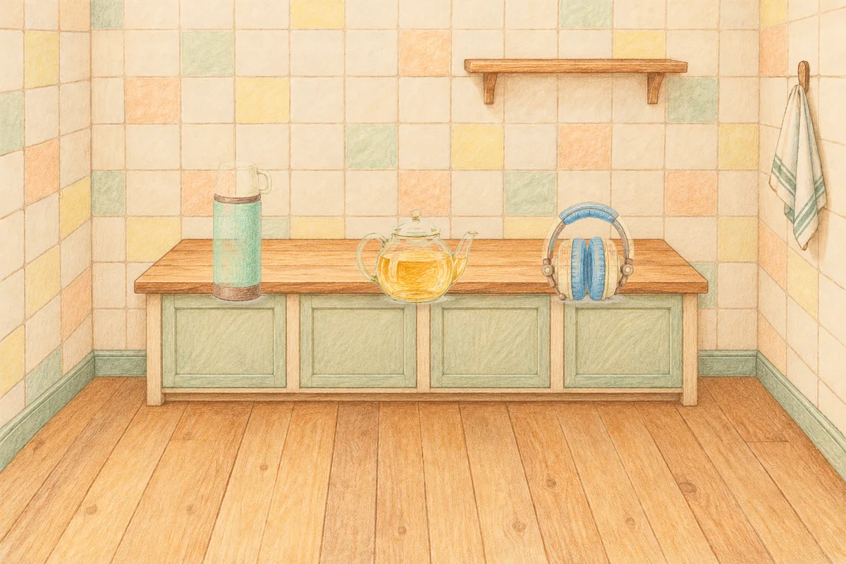 오산 여성전용 출장 마사지 안내 그림, 낮의 부엌 나무 조리대 위에 놓인 보온병, 유리 티포트, 헤드폰