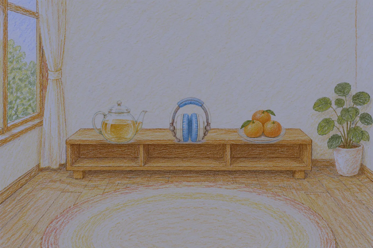 오산 여성전용 출장 마사지 후기 안내 그림, 밤의 창가 낮은 선반 위에 놓인 유리 티포트, 헤드폰, 귤이 담긴 접시