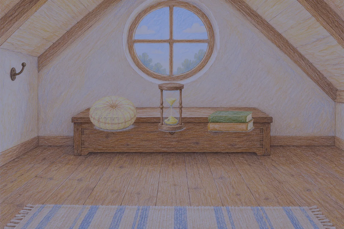 양주 여성전용 스웨디시 마사지 안내 그림, 밤의 다락방 나무 궤짝 위에 놓인 둥근 쿠션, 모래시계, 책 두 권