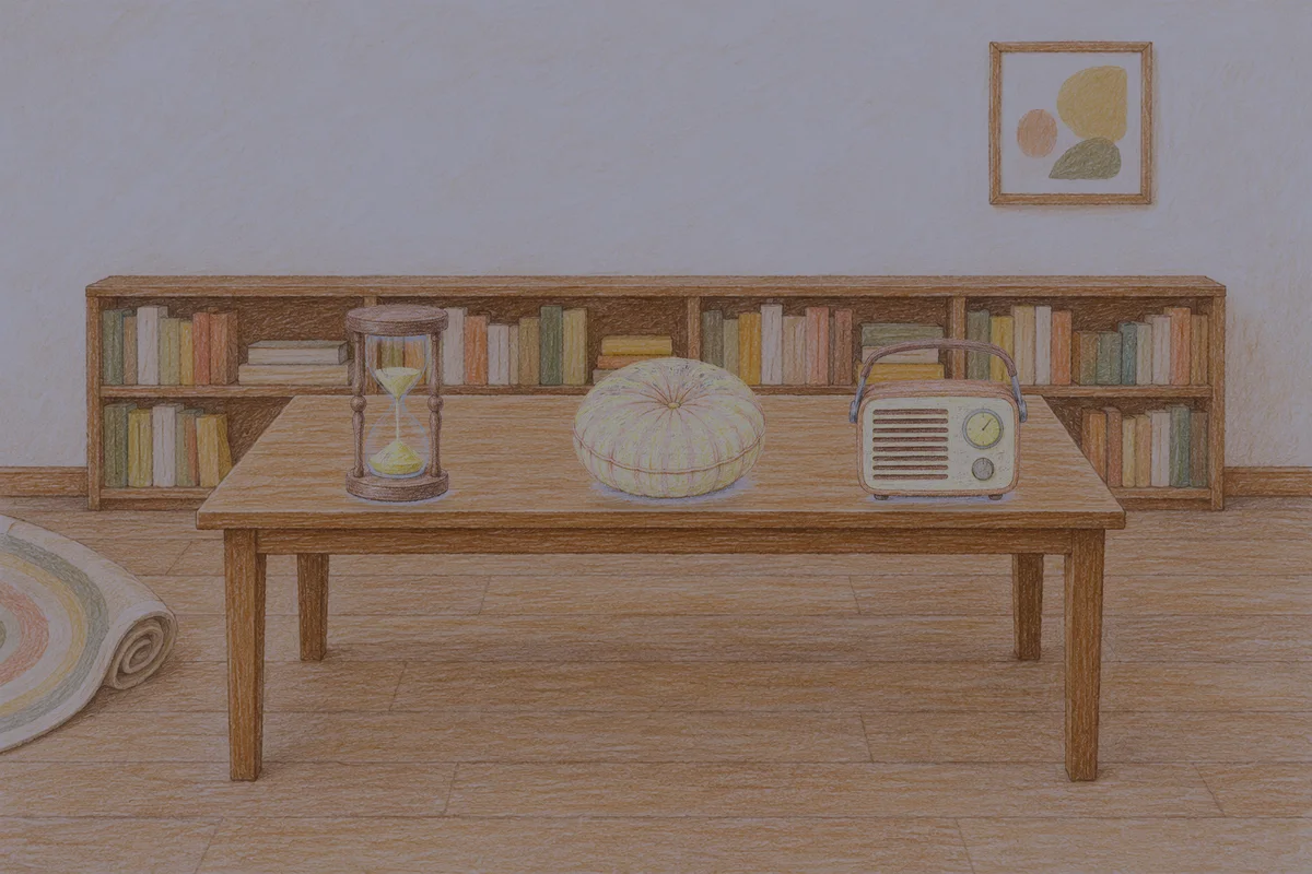 양주 여성전용 프리미엄 스웨디시 안내 그림, 밤의 서재 긴 책상 위에 놓인 모래시계, 둥근 쿠션, 작은 라디오