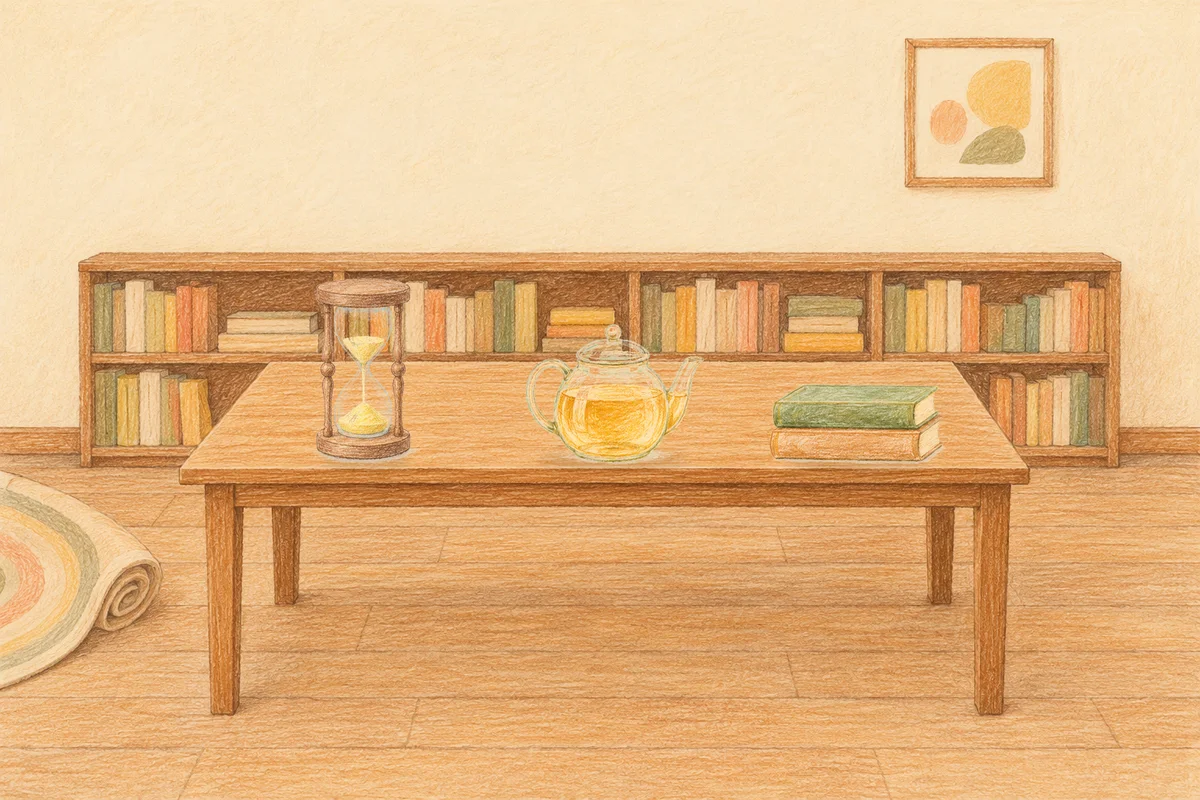 양주 여성전용 스웨디시 후기 안내 그림, 낮의 서재 긴 책상 위에 놓인 모래시계, 유리 티포트, 책 두 권