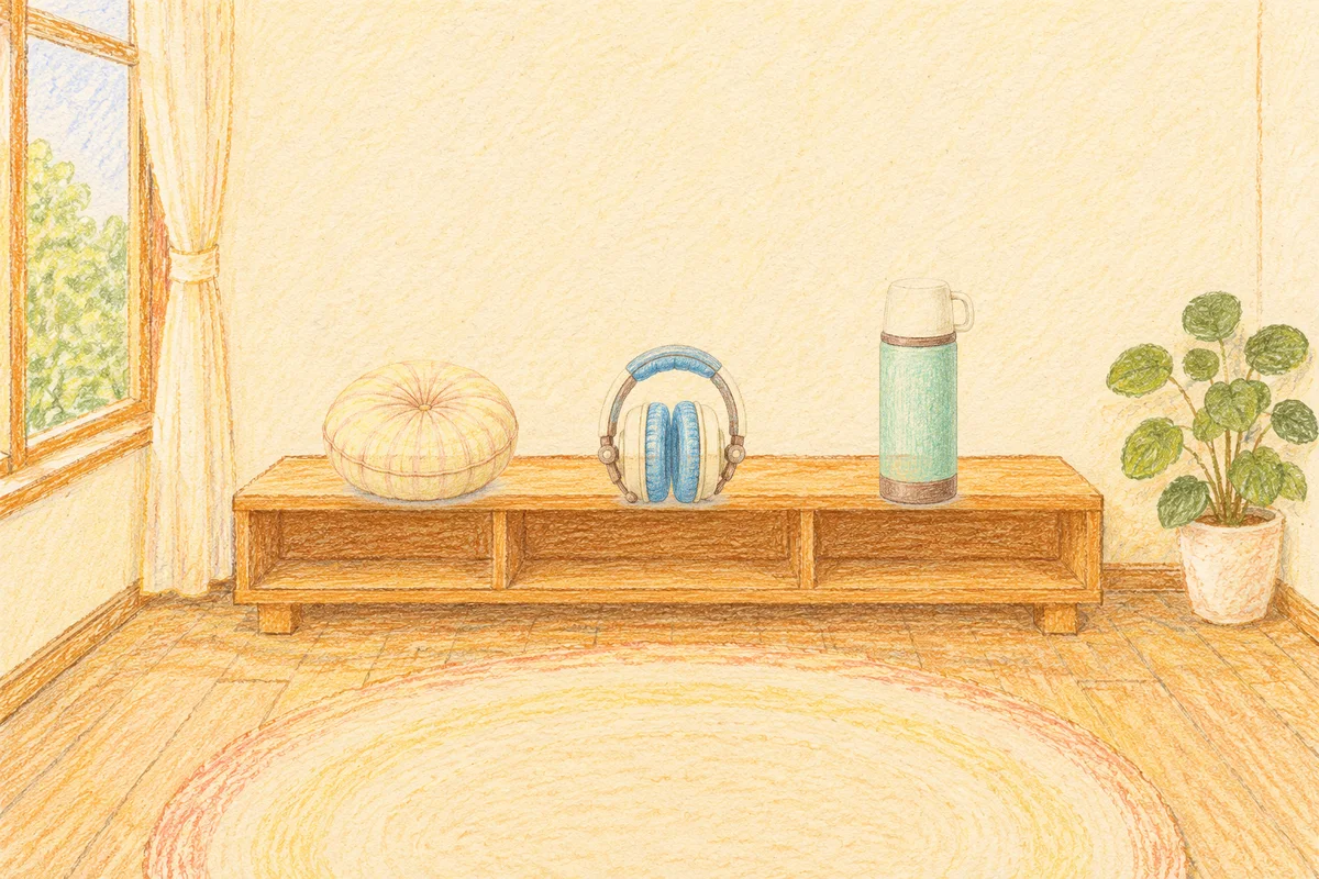 양주 여성전용 아로마 마사지 후기 안내 그림, 낮의 창가 낮은 선반 위에 놓인 둥근 쿠션, 헤드폰, 보온병