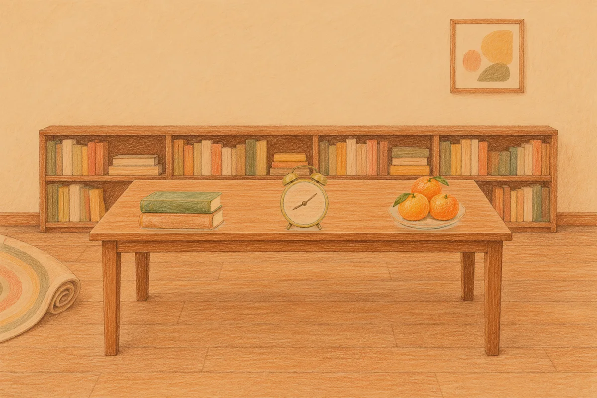 양주 여성전용 아로마 가격 안내 그림, 저녁의 서재 긴 책상 위에 놓인 책 두 권, 둥근 알람시계, 귤이 담긴 접시