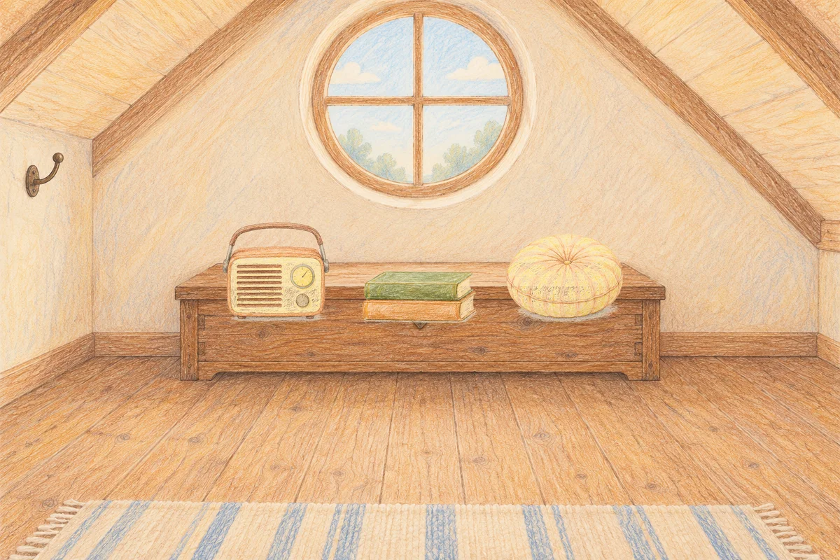 양주 여성전용 아로마 추천 안내 그림, 낮의 다락방 나무 궤짝 위에 놓인 작은 라디오, 책 두 권, 둥근 쿠션