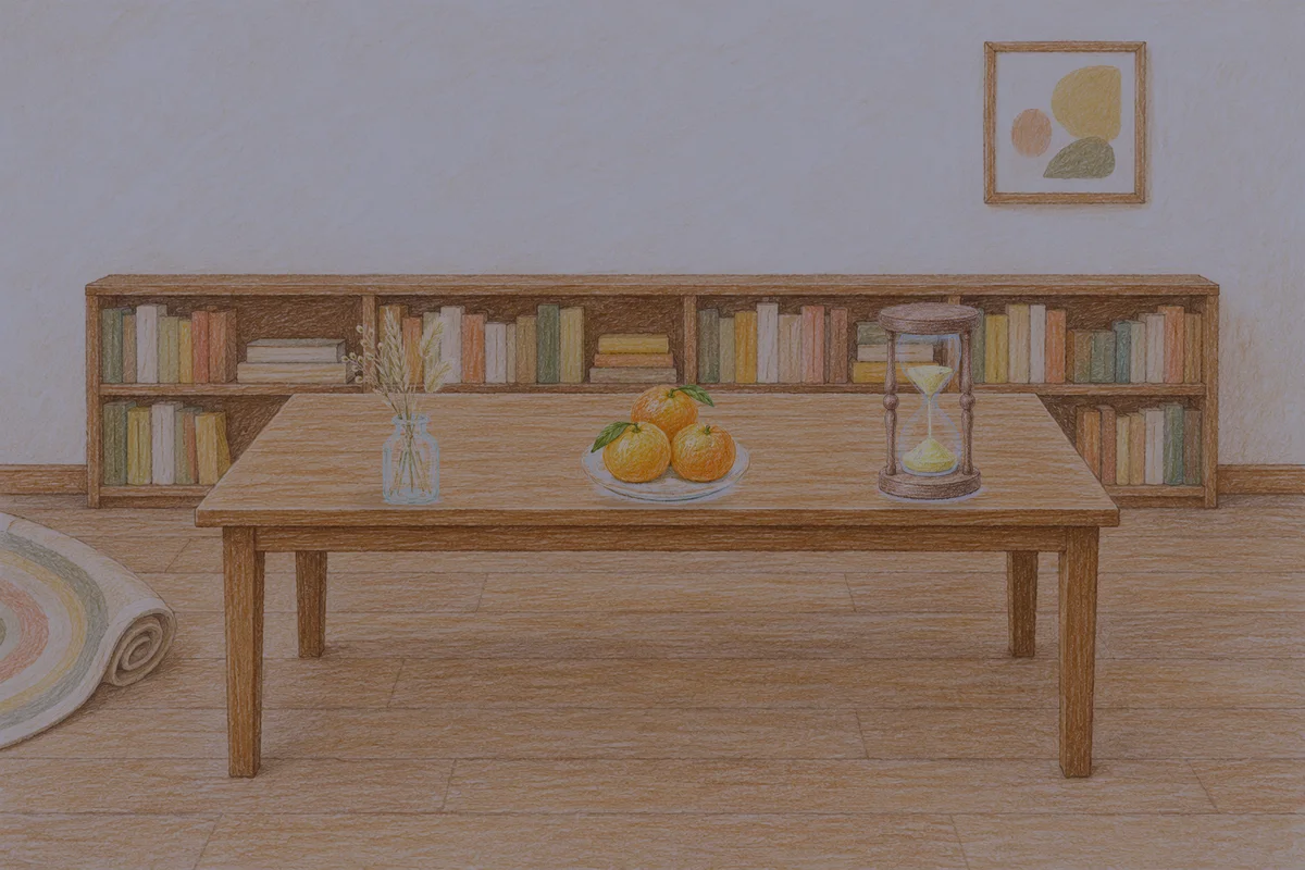양주 여성전용 경락마사지 안내 그림, 밤의 서재 긴 책상 위에 놓인 마른 풀을 꽂은 항아리, 귤이 담긴 접시, 모래시계