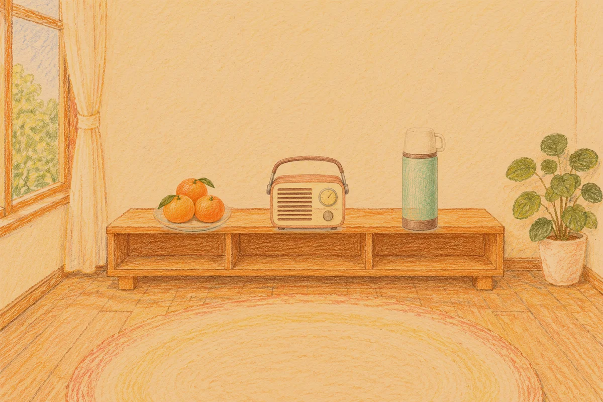 양주 여성전용 얼굴 경락 안내 그림, 저녁의 창가 낮은 선반 위에 놓인 귤이 담긴 접시, 작은 라디오, 보온병