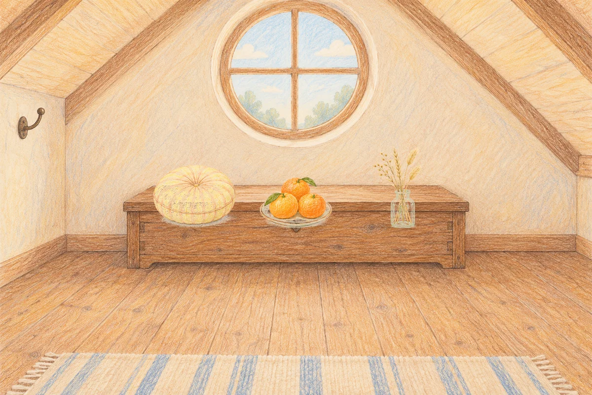 양주 여성전용 바디 경락 안내 그림, 낮의 다락방 나무 궤짝 위에 놓인 둥근 쿠션, 귤이 담긴 접시, 마른 풀을 꽂은 항아리