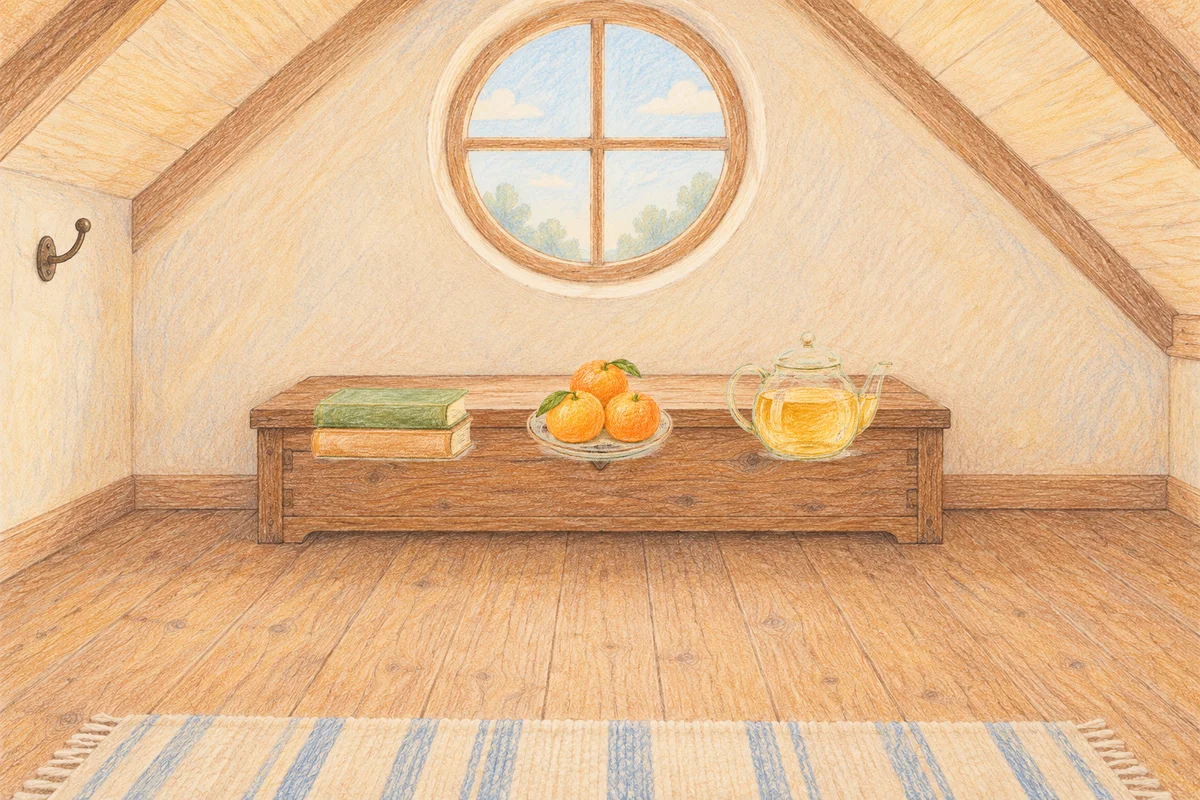 양주 여성전용 홈케어 안내 그림, 낮의 다락방 나무 궤짝 위에 놓인 책 두 권, 귤이 담긴 접시, 유리 티포트