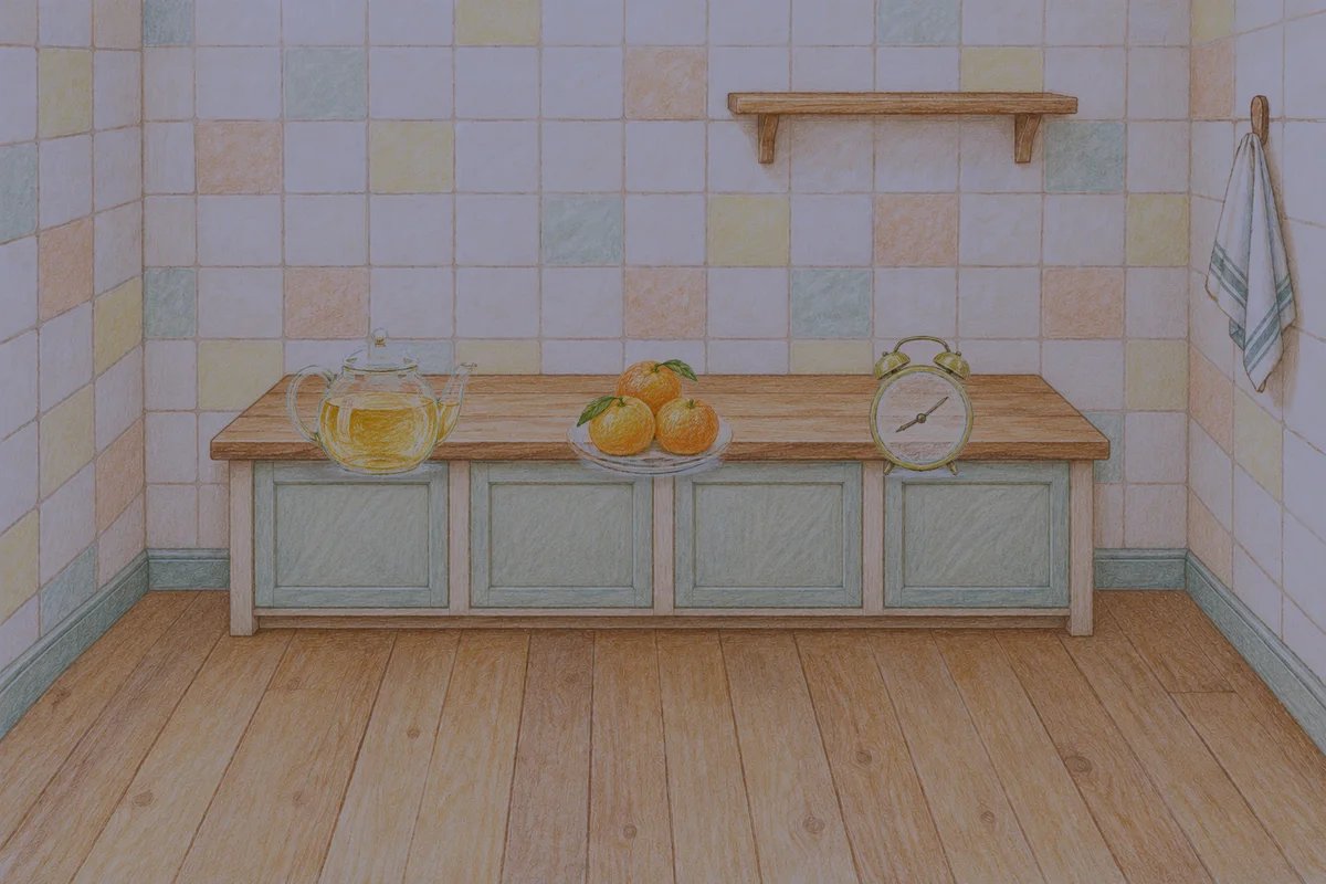 양주 여성전용 홈케어 서비스 안내 그림, 밤의 부엌 나무 조리대 위에 놓인 유리 티포트, 귤이 담긴 접시, 둥근 알람시계