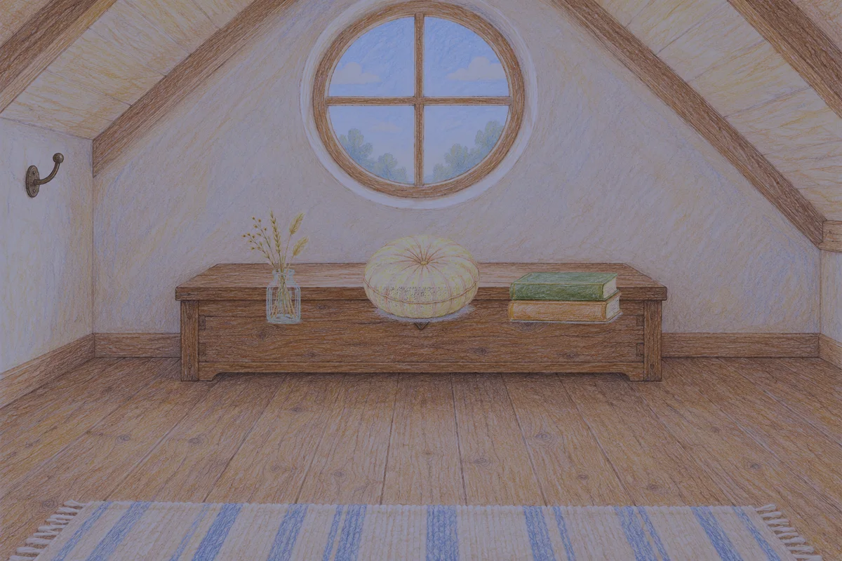 양주 여성전용 방문 홈케어 안내 그림, 밤의 다락방 나무 궤짝 위에 놓인 마른 풀을 꽂은 항아리, 둥근 쿠션, 책 두 권
