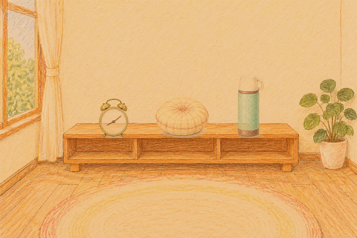 양주 여성전용 홈케어 후기 안내 그림, 저녁의 창가 낮은 선반 위에 놓인 둥근 알람시계, 둥근 쿠션, 보온병