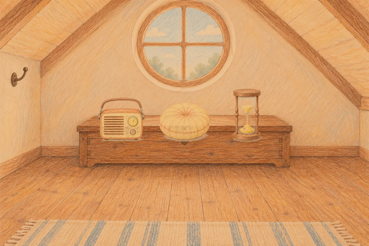 양주 여성전용 발마사지 안내 그림, 저녁의 다락방 나무 궤짝 위에 놓인 작은 라디오, 둥근 쿠션, 모래시계