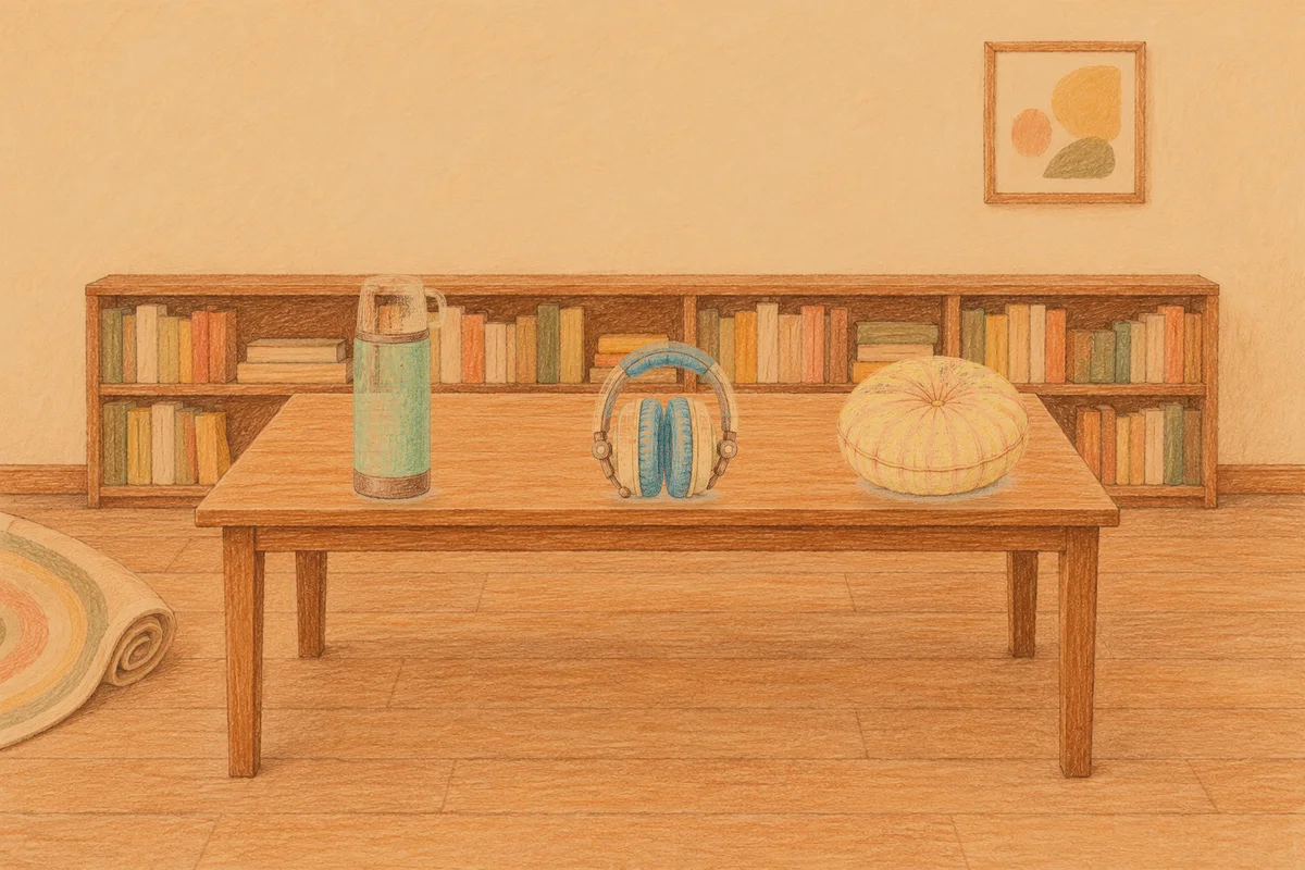 양주 여성전용 복부 마사지 안내 그림, 저녁의 서재 긴 책상 위에 놓인 보온병, 헤드폰, 둥근 쿠션