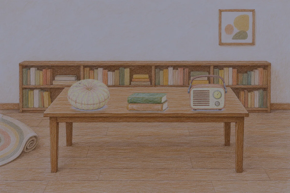 양주 여성전용 종아리 케어 안내 그림, 밤의 서재 긴 책상 위에 놓인 둥근 쿠션, 책 두 권, 작은 라디오