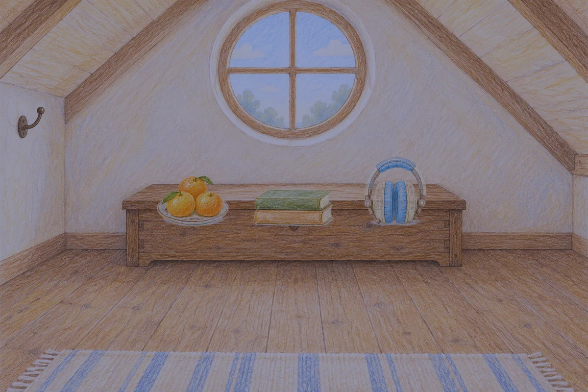 양주 여성전용 두피 마사지 안내 그림, 밤의 다락방 나무 궤짝 위에 놓인 귤이 담긴 접시, 책 두 권, 헤드폰