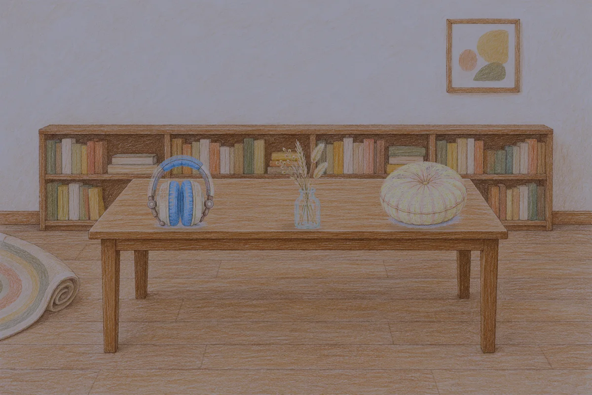 양주 여성전용 두통 완화 마사지 안내 그림, 밤의 서재 긴 책상 위에 놓인 헤드폰, 마른 풀을 꽂은 항아리, 둥근 쿠션