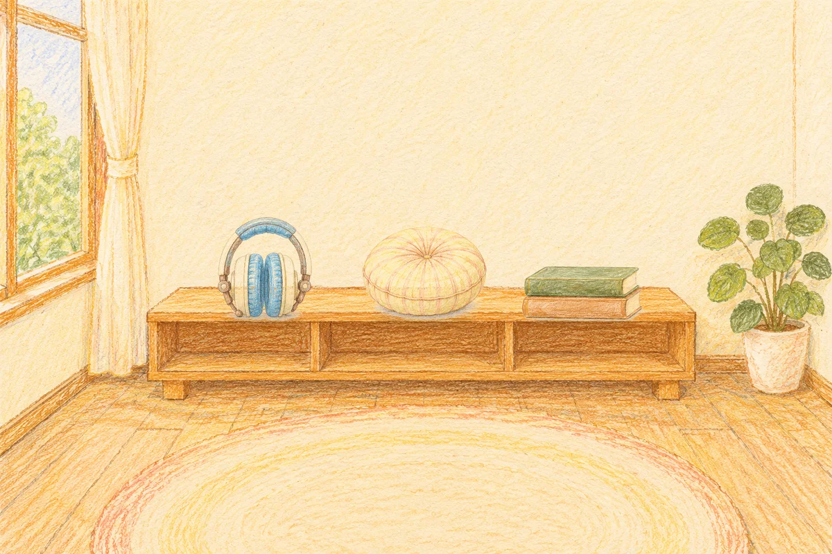 양주 여성전용 수면 케어 안내 그림, 낮의 창가 낮은 선반 위에 놓인 헤드폰, 둥근 쿠션, 책 두 권