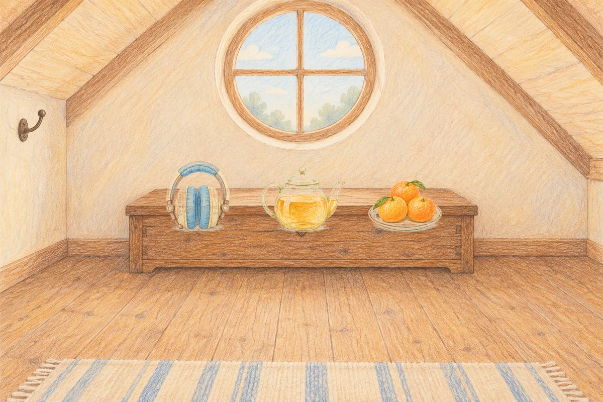 양주 여성전용 페이셜 마사지 안내 그림, 낮의 다락방 나무 궤짝 위에 놓인 헤드폰, 유리 티포트, 귤이 담긴 접시